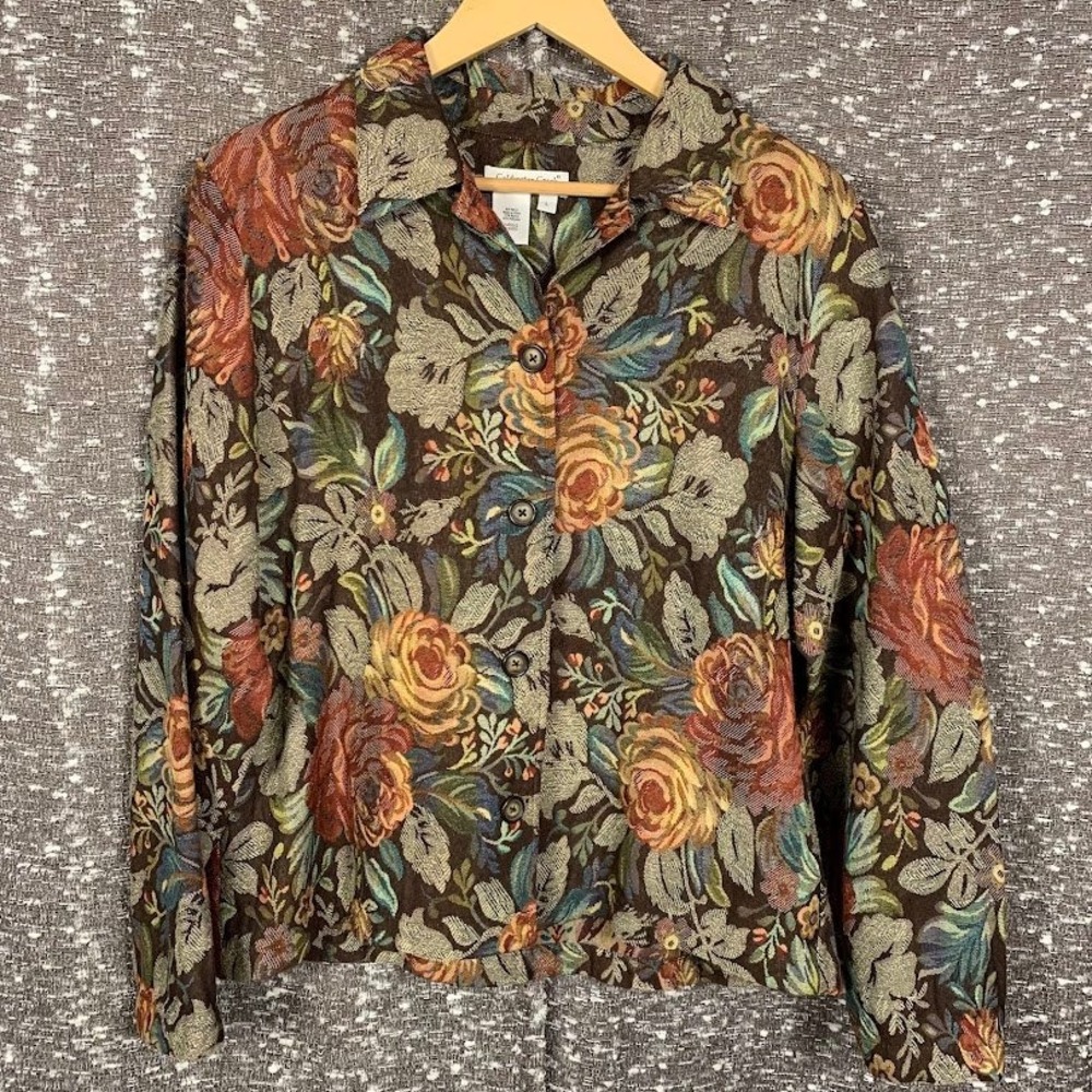 Coldwater Creek Floral Tapestry Jacket Button Up Boho Cottagecore Women's Large